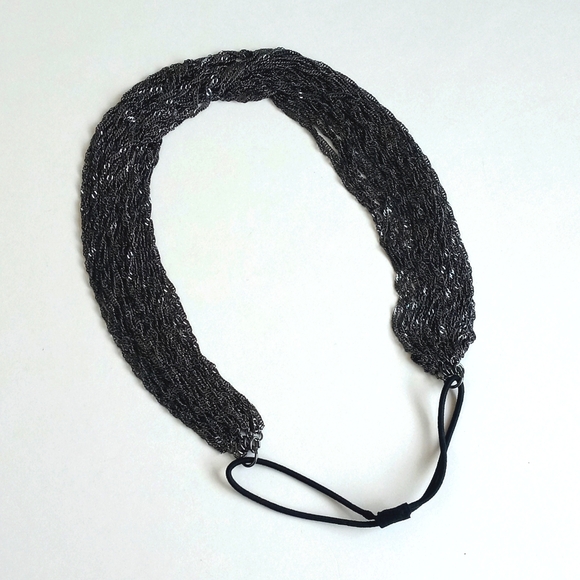 Art Deco Women's Multi-Strand Pewter Black Chainlink Headband w Elastic Band - Picture 6 of 13